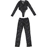 Sexy Deep-V Long Sleeve Bodysuit And Long Pants Women 2 Pieces Set SXE-K24S59671