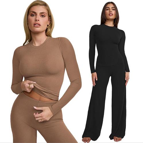 Casual Sets Women Solid Color Tops And Wide-leg Long Pants MZ-2825