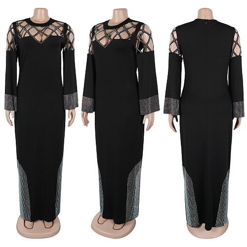 Elegant Ladies Hot Drilling Hollow-out Slit Black Long Dresses NY-3358