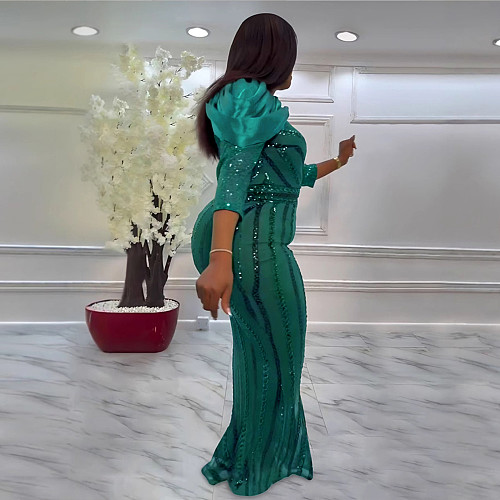 Sexy Ladies Green Sequines Package Hips Long Dresses NY-3355