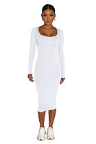 Ladies Round Collar Long Sleeves Solid Color Slim Maxi Dress MZ-2812