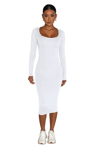 Ladies Round Collar Long Sleeves Solid Color Slim Maxi Dress MZ-2812