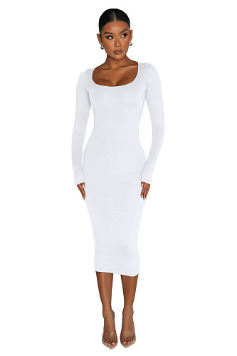 Ladies Round Collar Long Sleeves Solid Color Slim Maxi Dress MZ-2812