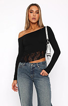 Black Lace Pullover Long Sleeve T-shirt Tops MZ-2826