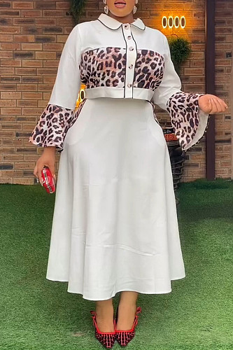 Elegant Ladies Leopard Print Patchwork Tops And Long Skirt 2 Pieces Sets NY-10955