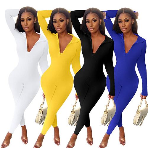 Girls Solid Color Long Sleeve Zipper Slim Jumpsuit MZ-8108