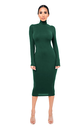Solid Color Turtle Neck Long Sleeve Skinny Bodycon Dress MZ-2589