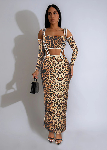 Sexy Off Shoulder Women Leopard Print Slim Long Skirt 2 Pieces Sets MZ-2863