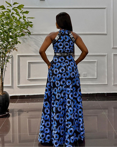 Women Printed Sleeveless Sexy Split Long Dresses NY-10939
