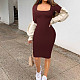 Leisure Women Square Collar Long Sleeved Slim Bodycon Mini Dress MZ-2832