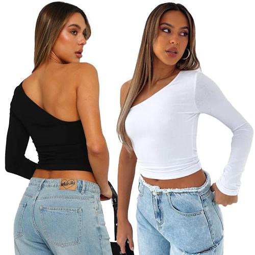 Solid Color Oblique Shoulder Slim Bottoming Shirt Tops MZ-2811