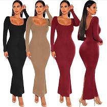 Women Square Collar Knitted Sexy Backless Long Dresses MZ-2813