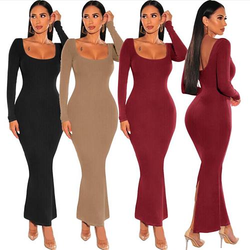 Women Square Collar Knitted Sexy Backless Long Dresses MZ-2813