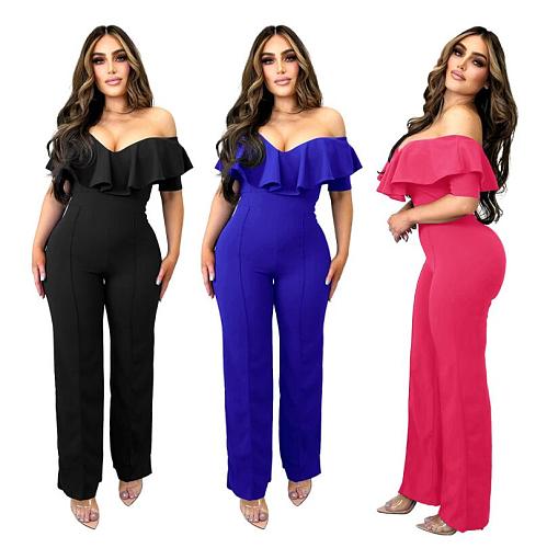 Elegant Solid Ruffle Slash Neck One Piece Jumpsuit MZ-2798