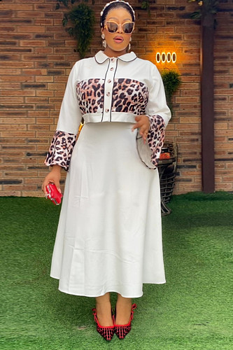 Elegant Ladies Leopard Print Patchwork Tops And Long Skirt 2 Pieces Sets NY-10955