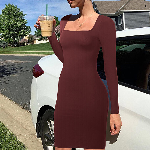 Leisure Women Square Collar Long Sleeved Slim Bodycon Mini Dress MZ-2832