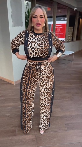 Stylish Lady Leopard Print Round Neck Long Sleeve Pants Sets NY-10958