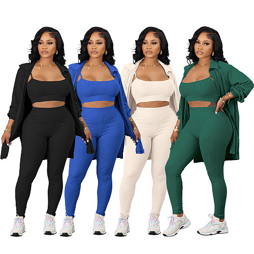 Women Solid Color Straps Crop Top Casual Three Pieces Sets MZ-2816