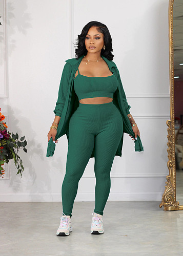 Women Solid Color Straps Crop Top Casual Three Pieces Sets MZ-2816