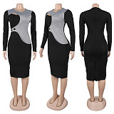 Elegant Lady Irregular Patchwork Long Sleeves Slit Midi Dress NY-10937