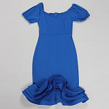 Elegant Lady Solid Color Lantern Sleeves Ruffles Midi Dress NY-10923