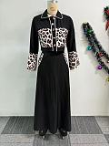 Elegant Ladies Leopard Print Patchwork Tops And Long Skirt 2 Pieces Sets NY-10955