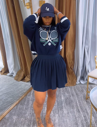 Women Printed Pullover Hoodie And Short Pleated Skirt Casual Sets NY-10915