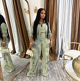 Stylish Sexy High-elastic Multi-pocket Washed Denim Women Two-piece Set NIYA-8182