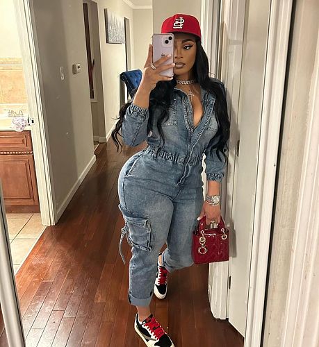 Fashion Washed High-elastic Long-sleeved One-piece Pants Denim Jumpsuit MEM-88596