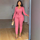 Elegant Lady Solid Color V Neck Strech Two Pieces Pants Sets NY-10913