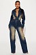 Women Slim-fit Stretch Bell Wash Long Sleeve Denim Jumpsuit LX-6027