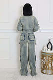 Stylish Sexy High-elastic Multi-pocket Washed Denim Women Two-piece Set NIYA-8182