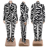Plus Size Women Print Long Sleeves Turndown Collar Slim Jumpsuit RS-21855
