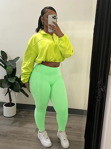 Women Solid Color Long Sleeves Zipper Bodycon Pants Leisure Sets CH-24047