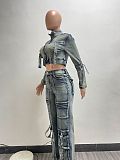 Stylish Sexy High-elastic Multi-pocket Washed Denim Women Two-piece Set NIYA-8182