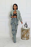 Stylish Sexy High-elastic Multi-pocket Washed Denim Women Two-piece Set NIYA-8182