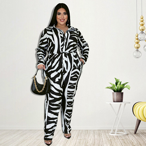 Plus Size Women Print Long Sleeves Turndown Collar Slim Jumpsuit RS-21855