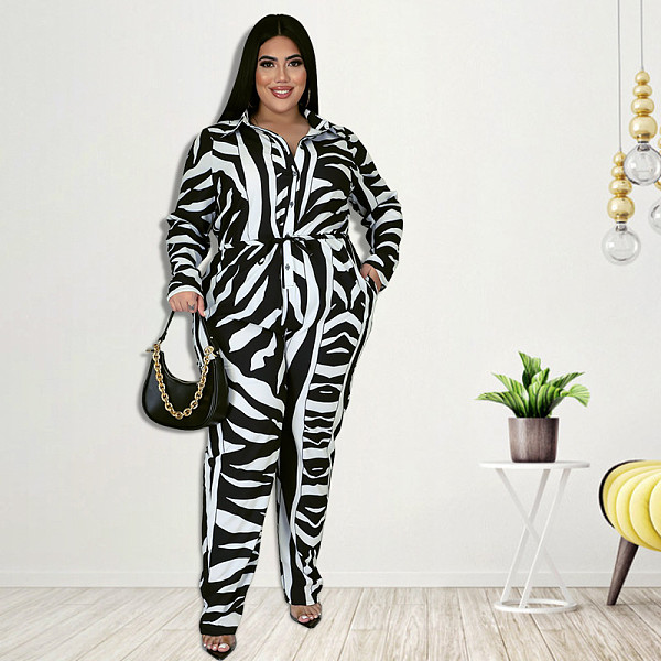 Plus Size Women Print Long Sleeves Turndown Collar Slim Jumpsuit RS-21855