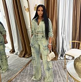 Stylish Sexy High-elastic Multi-pocket Washed Denim Women Two-piece Set NIYA-8182
