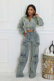 Stylish Sexy High-elastic Multi-pocket Washed Denim Women Two-piece Set NIYA-8182