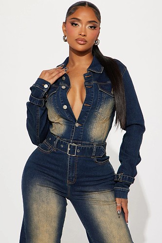 Women Slim-fit Stretch Bell Wash Long Sleeve Denim Jumpsuit LX-6027