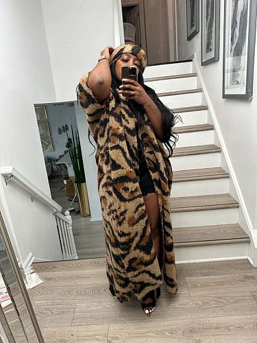 Women Leopard Print Long Cardigan Coat with Headband TR-1278
