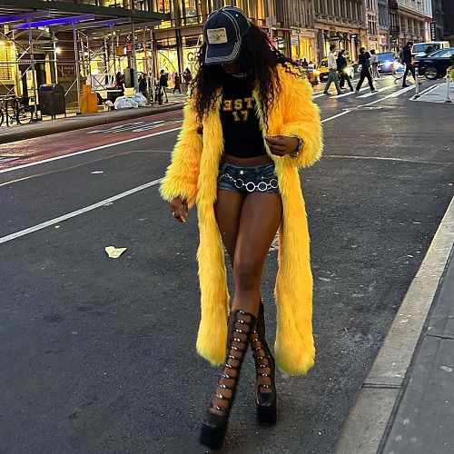 2024 Autumn/Winter Street Hipster Thick Imitation Fur long Coat Yellow YNS-2658