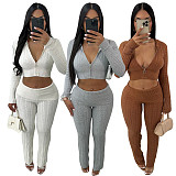 Women's Casual Solid Color Knitted Long Sleeve Hoodies Two-piece Set TR-1316