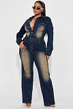 Women Slim-fit Stretch Bell Wash Long Sleeve Denim Jumpsuit LX-6027