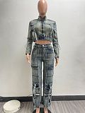 Stylish Sexy High-elastic Multi-pocket Washed Denim Women Two-piece Set NIYA-8182