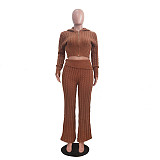 Women's Casual Solid Color Knitted Long Sleeve Hoodies Two-piece Set TR-1316