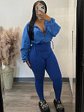 Women Solid Color Long Sleeves Zipper Bodycon Pants Leisure Sets CH-24047