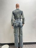 Stylish Sexy High-elastic Multi-pocket Washed Denim Women Two-piece Set NIYA-8182