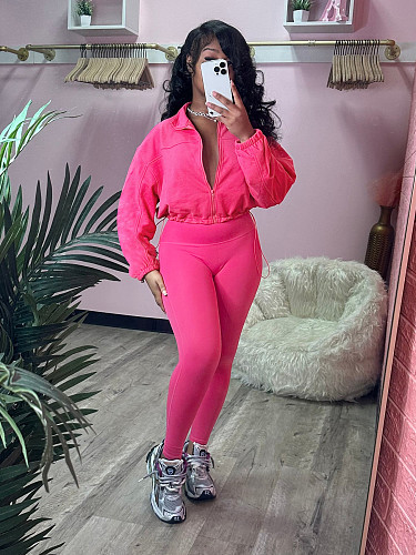 Women Solid Color Long Sleeves Zipper Bodycon Pants Leisure Sets CH-24047